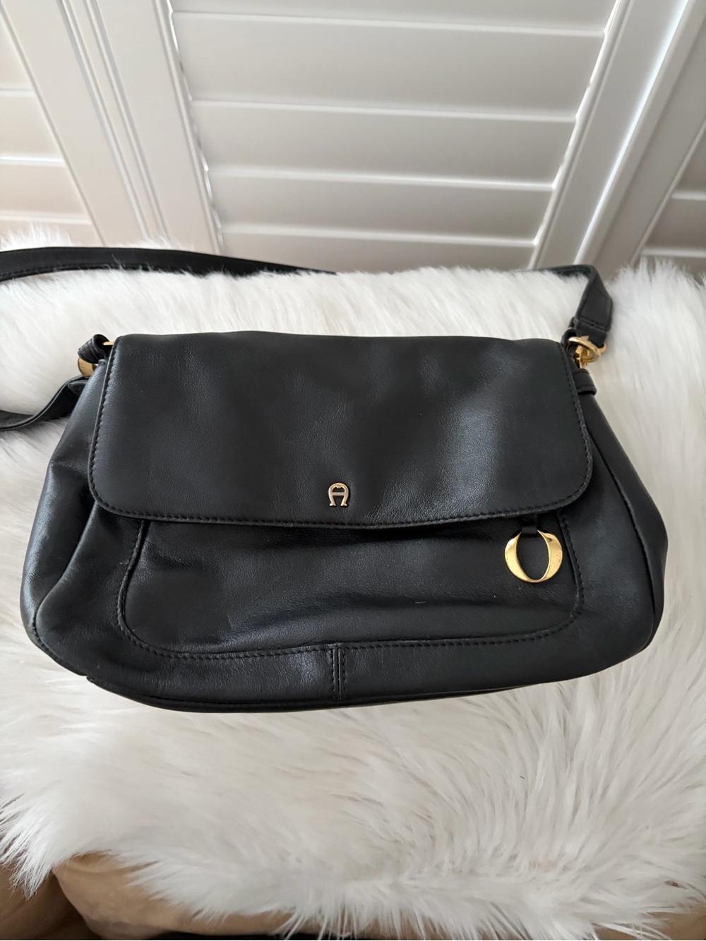 Vintage Etienne Aigner Black Leather shoulder  Bag with Gold Accents